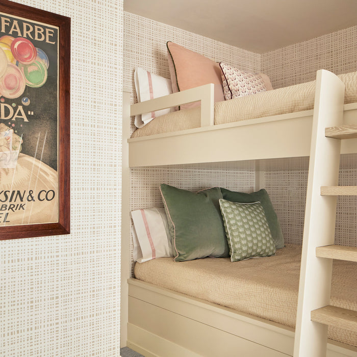 Sea Salt Velvet made-to-order soft green velvet pillows with patterned accents on lower bunk, crafted in the USA quickly
