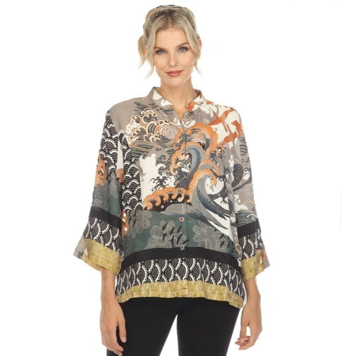 Seaside Cranes and Wave Print Blouse in Multi -  1213WAC