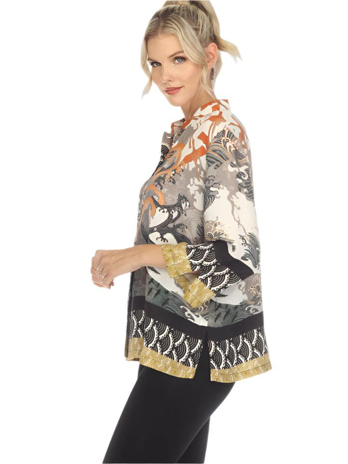 Seaside Cranes and Wave Print Blouse in Multi -  1213WAC