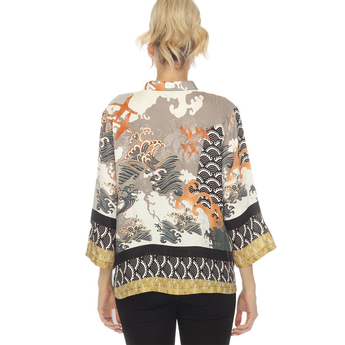 Seaside Cranes and Wave Print Blouse in Multi -  1213WAC