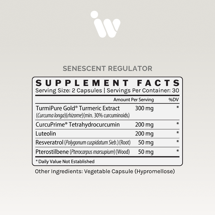 Supplement Facts panel for InfiniWell Senescent Regulator showing serving size, active ingredients, and other ingredients.