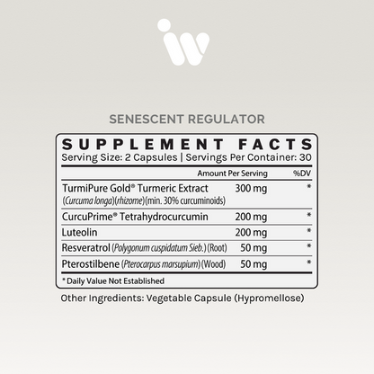 Supplement Facts panel for InfiniWell Senescent Regulator showing serving size, active ingredients, and other ingredients.
