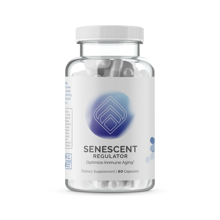 InfiniWell Senescent Regulator dietary supplement bottle with white capsules, front label, transparent background.