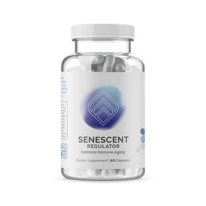 InfiniWell Senescent Regulator dietary supplement bottle with white capsules, front label, transparent background.