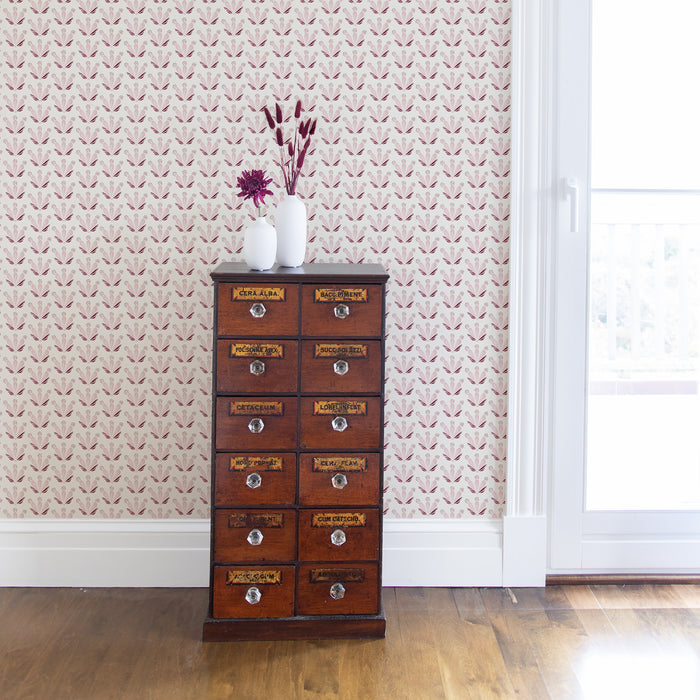 Serena Pink made-to-order wallpaper with subtle pink leaf pattern, crafted in the USA with quick turnaround times