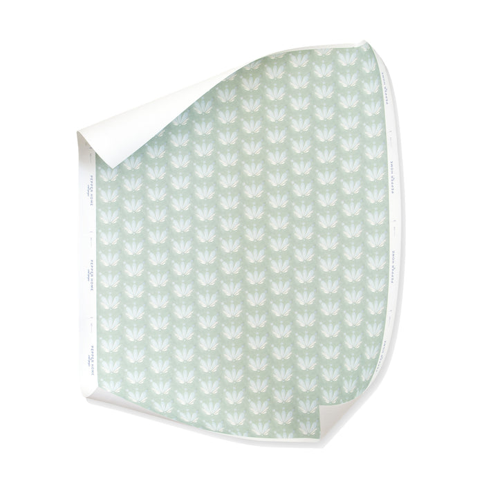 Serena Sea Salt made-to-order wallpaper with soft seafoam botanical pattern, crafted in the USA with short lead times and quality finish