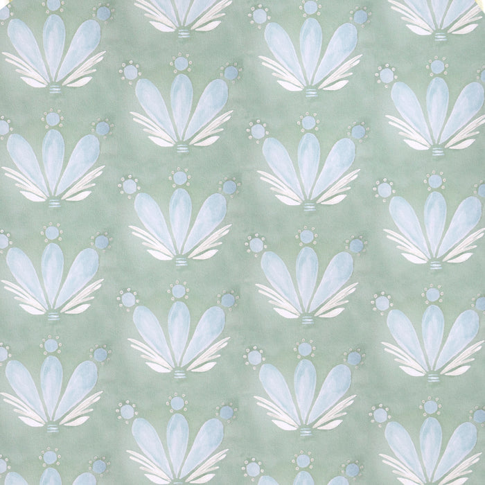 Serena Sea Salt made-to-order fabric with soft blue and white floral motifs on muted green, crafted in the USA with quick turnaround.