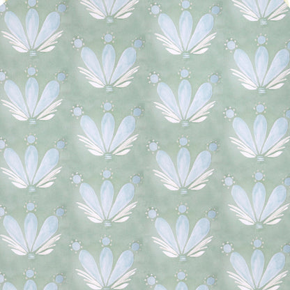 Serena Sea Salt made-to-order fabric with soft blue and white floral motifs on muted green, crafted in the USA with quick turnaround.