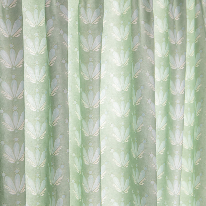 close up of Blue & Green Floral Drop Repeat Printed Cotton curtain