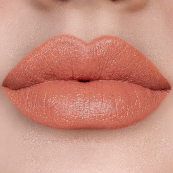 Set Plans warm peach nude lipstick on lips, light skin tone