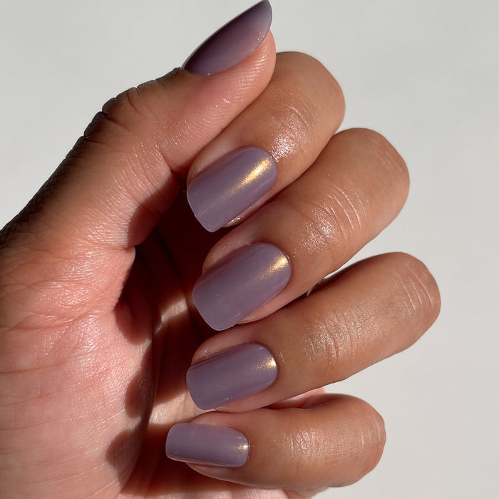 Shellphone Bling | Squoval | Short lavender green iridescent press on nails in short squoval shape for manicure