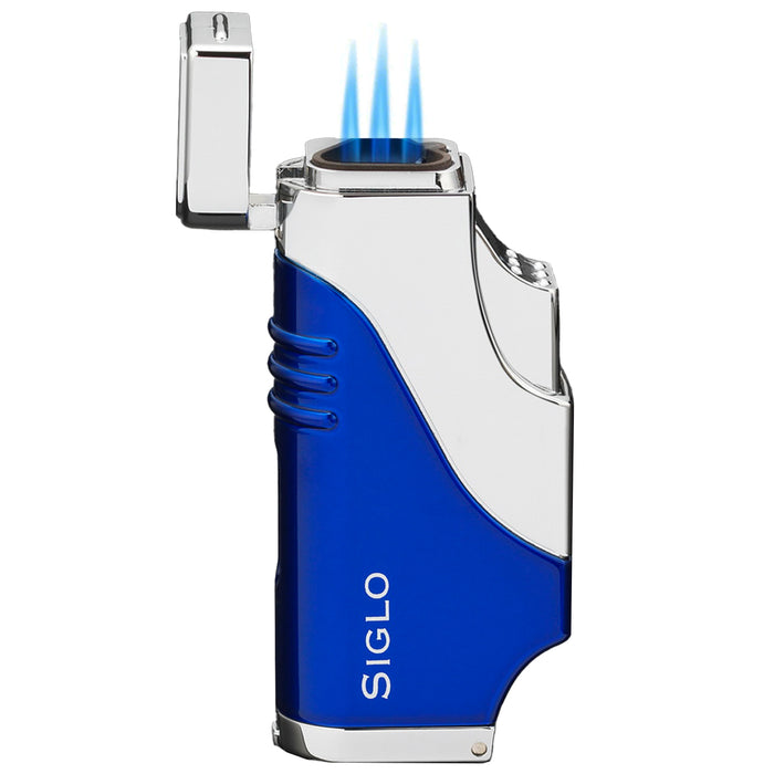 Siglo Triple Flame Shiny Blue Chrome Lighter