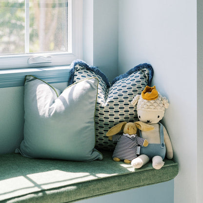 Willow Amalfi patterned throw pillow in a cozy window seat made to order in the USA with short lead times