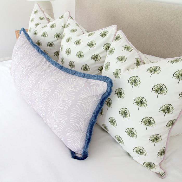 Sky pillow with custom blue fringe trim, made-to-order in the USA with quick turnaround and premium quality materials