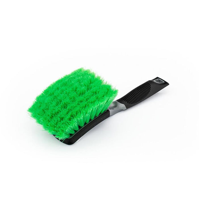 A green bristle short handle wheel and body brush on a white background.