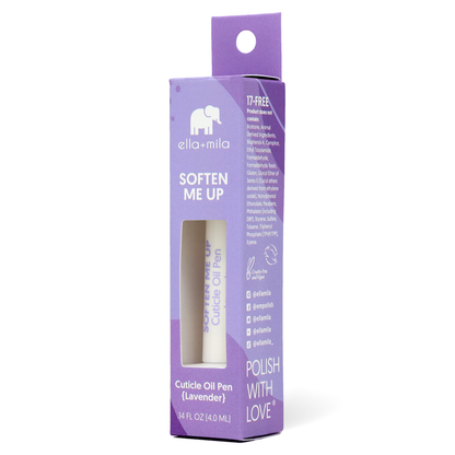 Soften Me Up lavender cuticle oil pen with its purple retail box