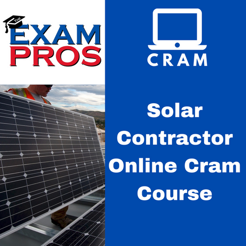 Exam Pros logo with solar panel and text promoting Solar Contractor Online Cram Course for exam preparation
