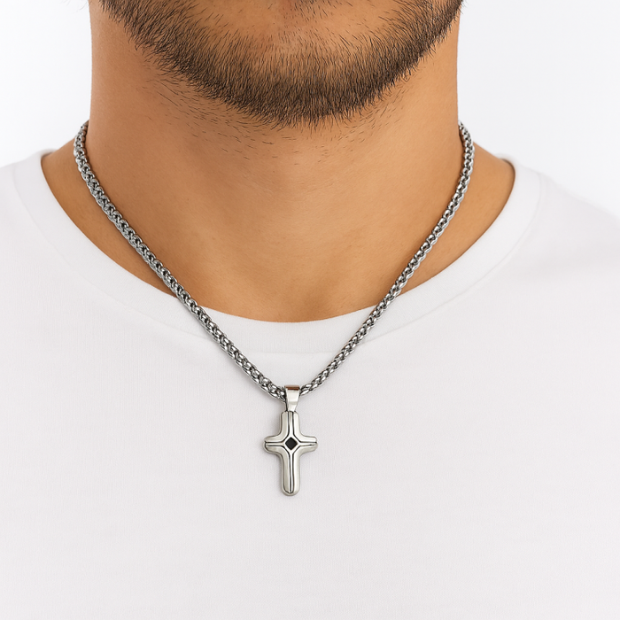 Solari Stainless Steel Small Cross Pendant with Satin Inlay