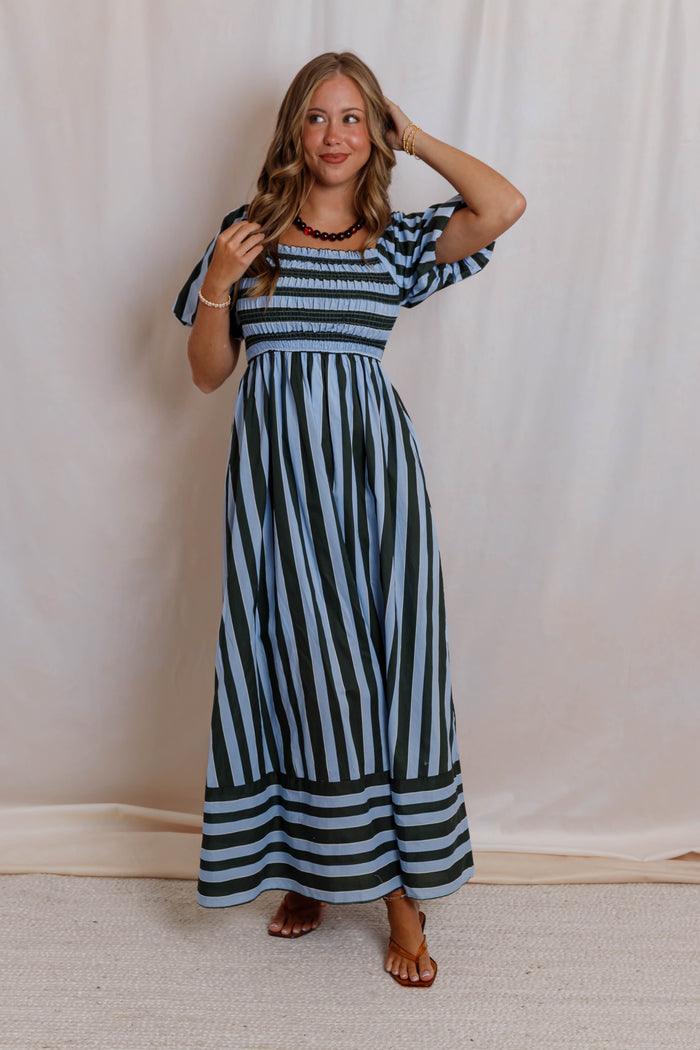 Blue Green Striped Maxi Dress- Women's Smocked Puff Sleeve Dress- Casual Maxi Dress With Pockets