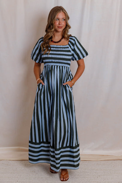 Blue Green Striped Maxi Dress- Women's Smocked Puff Sleeve Dress- Casual Maxi Dress With Pockets