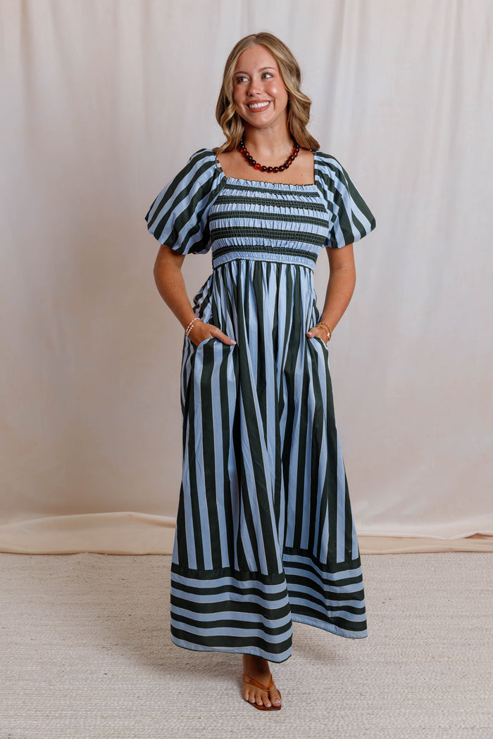 Blue Green Striped Maxi Dress- Women's Smocked Puff Sleeve Dress- Casual Maxi Dress With Pockets