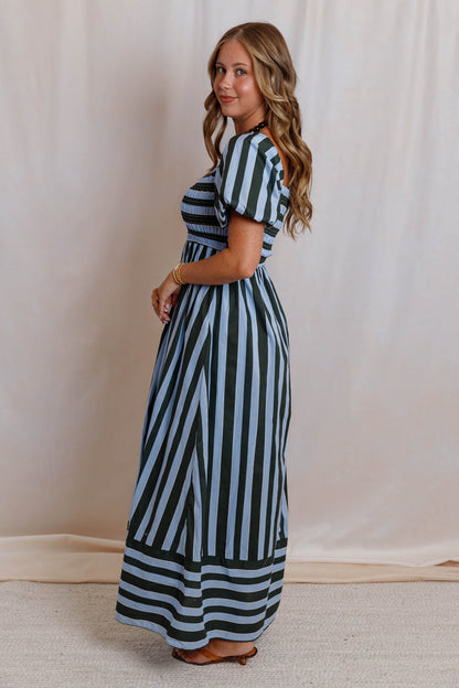 Blue Green Striped Maxi Dress- Women's Smocked Puff Sleeve Dress- Casual Maxi Dress With Pockets