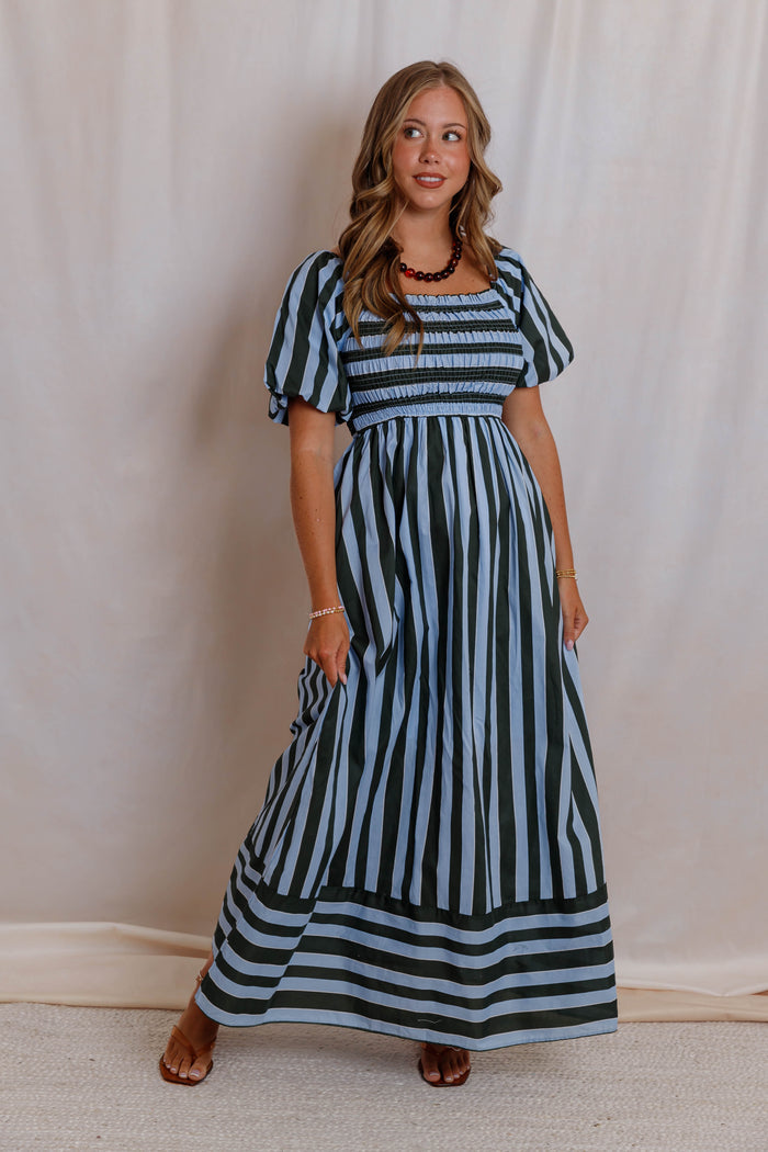 Blue Green Striped Maxi Dress- Women's Smocked Puff Sleeve Dress- Casual Maxi Dress With Pockets