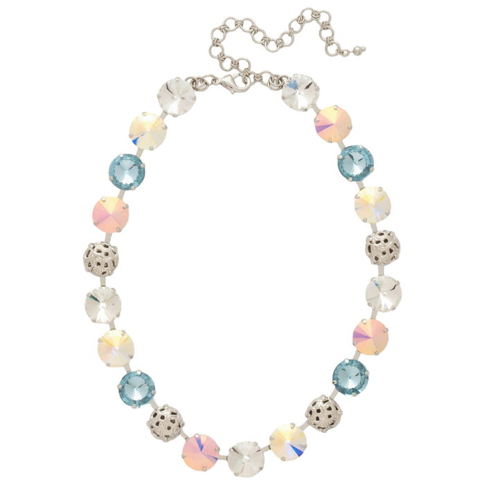 Sorrelli Clementine Tennis Necklace with Rainbow Quartz crystals and filigree spheres in a palladium-tone finish