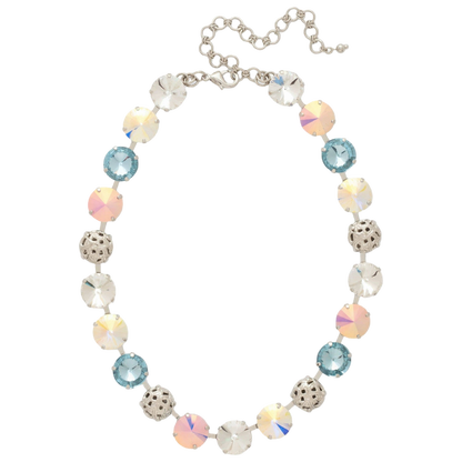 Sorrelli Clementine Tennis Necklace with Rainbow Quartz crystals and filigree spheres in a palladium-tone finish