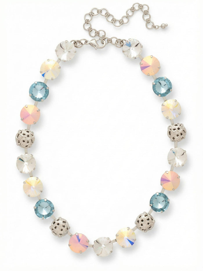 Sorrelli Clementine Tennis Necklace with Rainbow Quartz crystals and filigree spheres in a palladium-tone finish