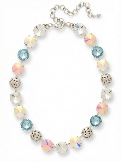 Sorrelli Clementine Tennis Necklace with Rainbow Quartz crystals and filigree spheres in a palladium-tone finish