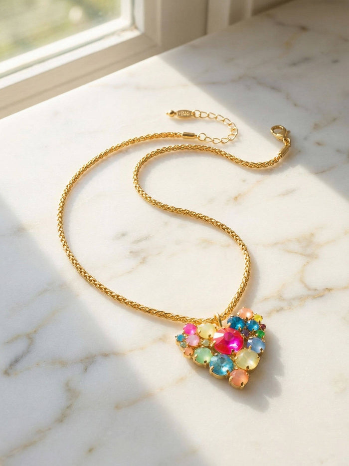 Sorrelli Jolie Heart Pendant Necklace with a multicolored crystal cluster on a sleek snake chain