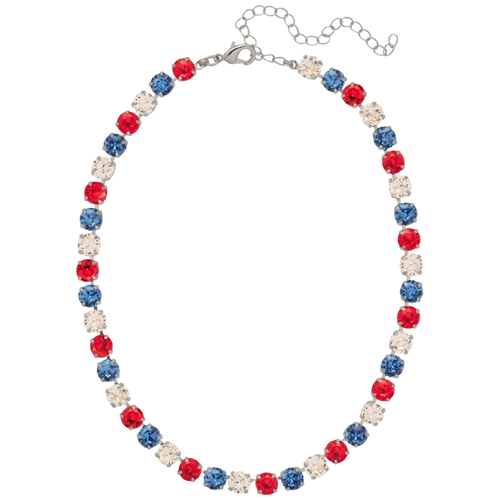 A patriotic beaded necklace featuring alternating red, blue, and clear rhinestone beads on a silver-tone chain with an extender clasp, shown against a plain white background.