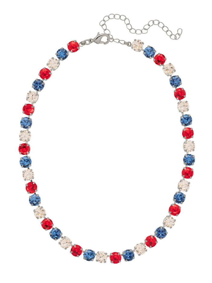 Sorrelli Matilda Tennis Necklace with red, blue, and clear round crystals in a palladium-tone finish