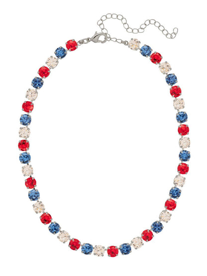 Sorrelli Matilda Tennis Necklace with red, blue, and clear round crystals in a palladium-tone finish