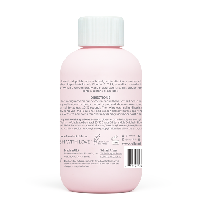 Soy Nail Polish Remover 4 fl oz bottle, back label with directions and ingredients
