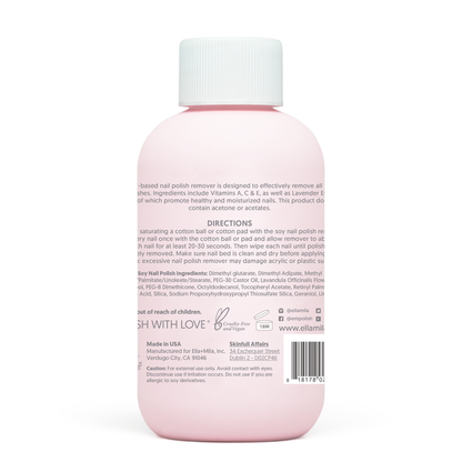 Soy Nail Polish Remover 4 fl oz bottle, back label with directions and ingredients