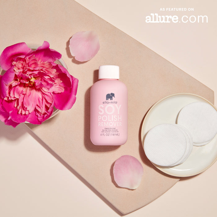 ella+mila Soy Nail Polish Remover with cotton pads and pink peonies, featured on Allure.com