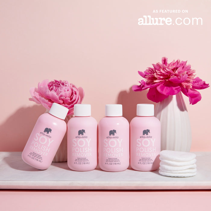 Three ella+mila Soy Nail Polish Remover bottles with pink peonies, featured on Allure.com
