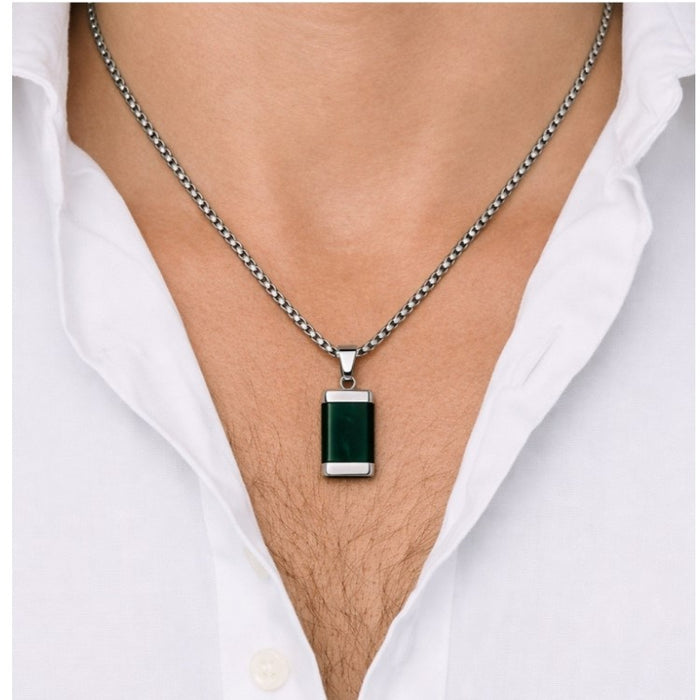Stainless Steel Moss Agate Pendant with Open Link Chain