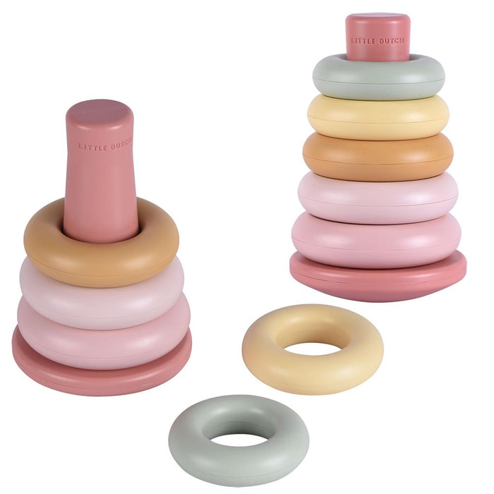 Little Dutch Stapelringe Pink mit fünf verschieden großen Ringen und wackelnder Basis in unterschiedlichen Stapelvarianten