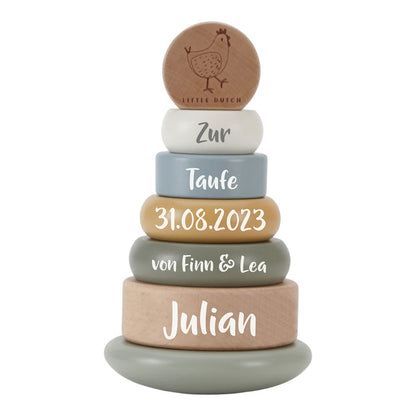 Personalisierter Little Dutch Stapelturm Little Farm zur Taufe – grüner Holz-Wackelturm mit Ringen und individuellem Druck als Taufgeschenk