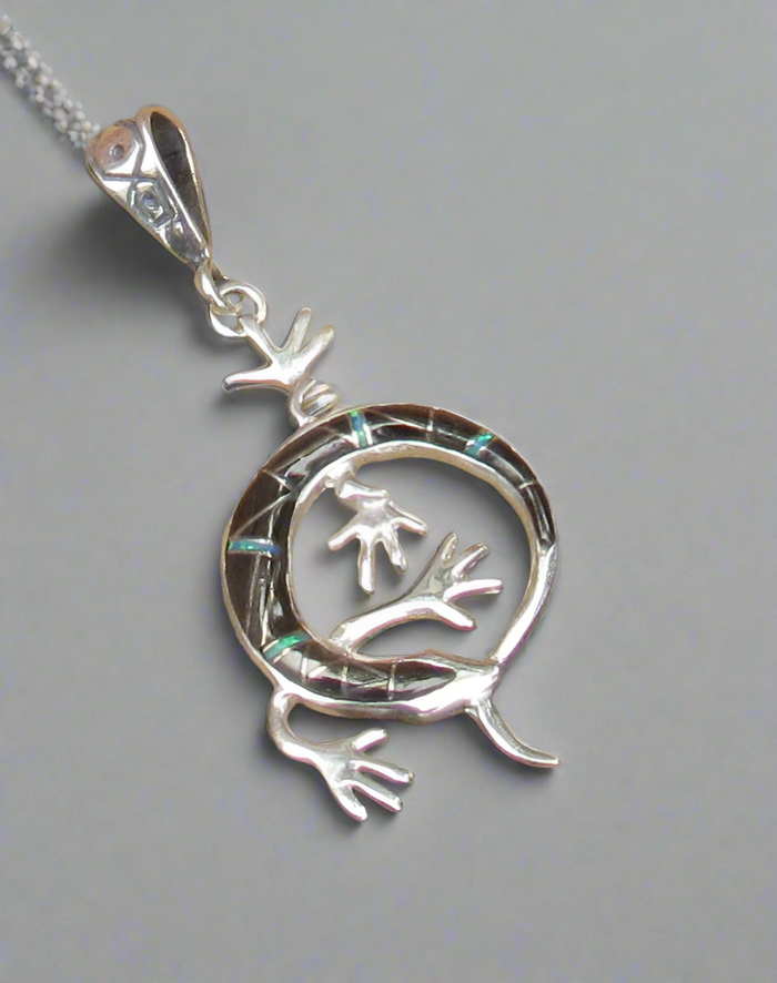 Sterling Silver Black Onyx and Opal Lizard Pendant STSP0039