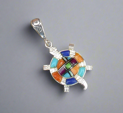 Sterling Silver Multi-Stone Inlay Turtle Pendant STSP0046