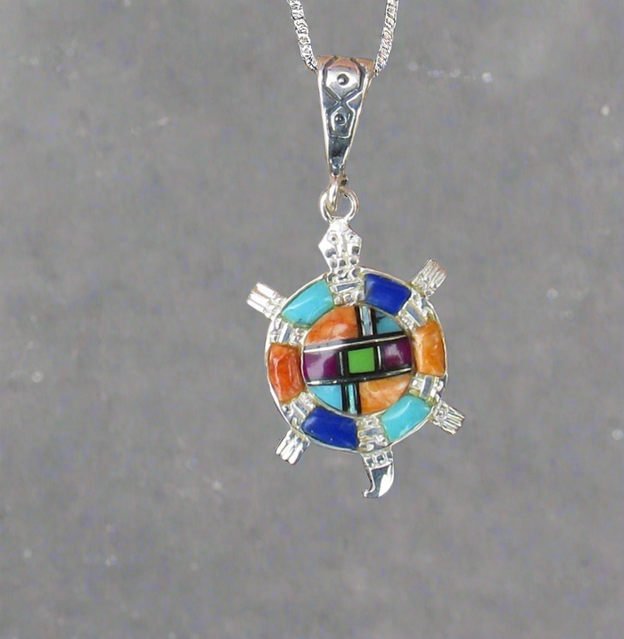 Sterling Silver Multi-Stone Inlay Turtle Pendant STSP0046