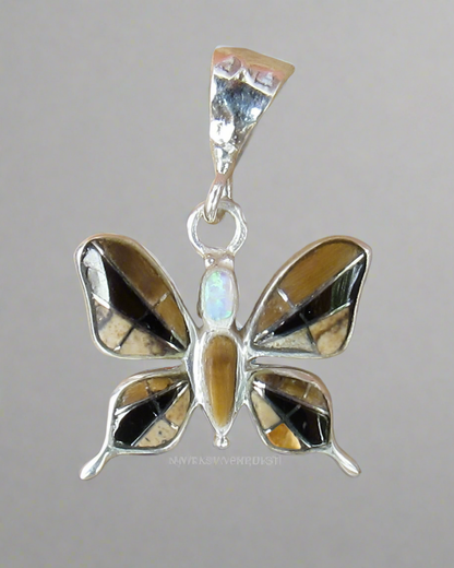 Sterling Silver Onyx and Opal Butterfly Pendant STSP0030