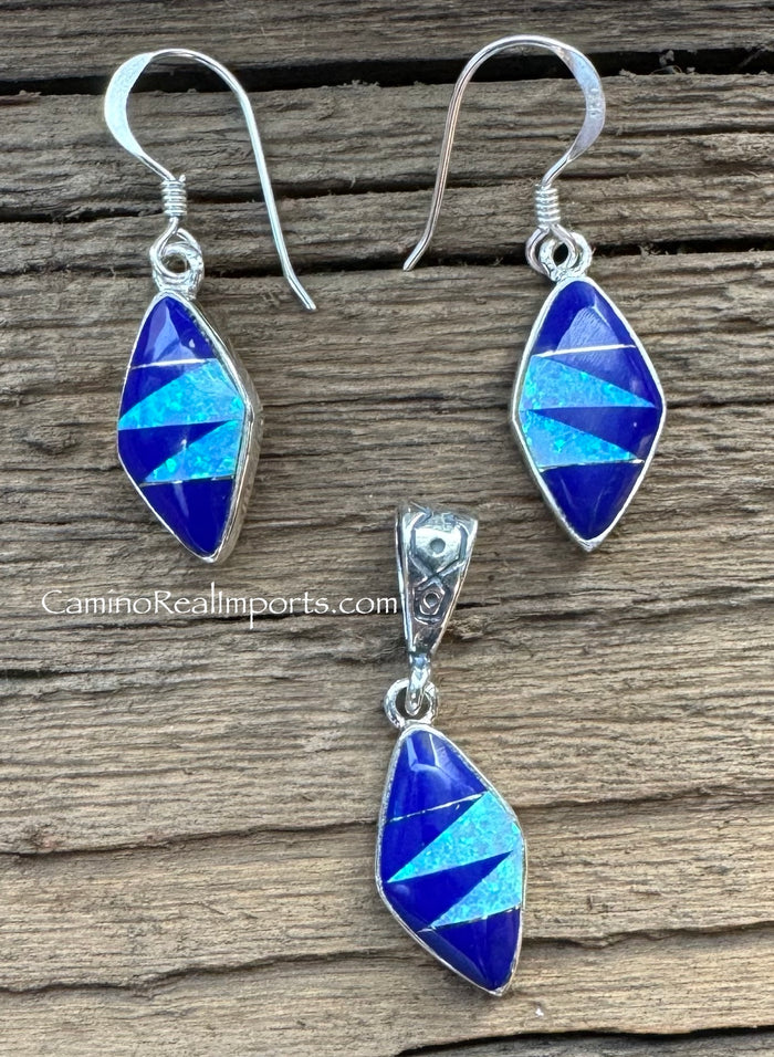 Sterling Silver Set Lapis Lazuli and Opal Inlay Pendant and Earrings STSPE005