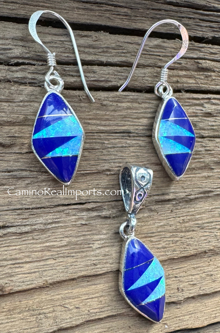 Sterling Silver Set Lapis Lazuli and Opal Inlay Pendant and Earrings STSPE005