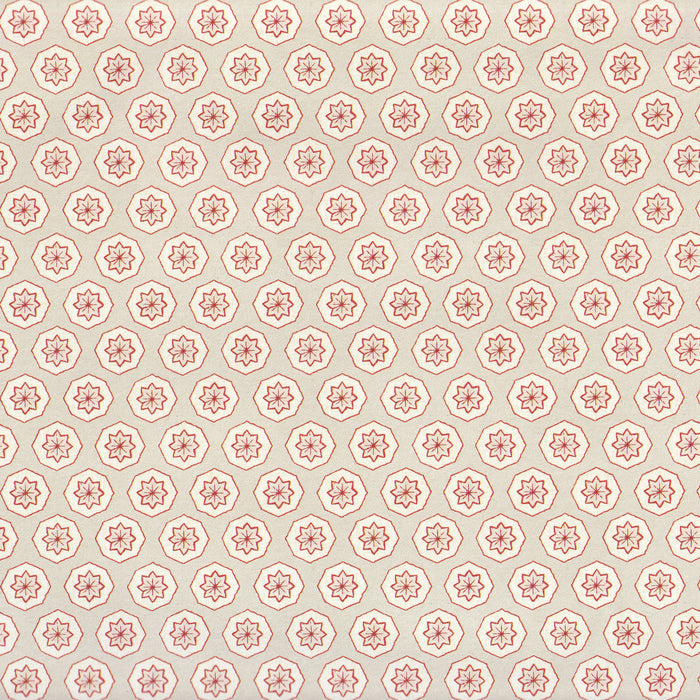 Stevie Salmon coral floral wallpaper with repeating starburst motifs, made to order in USA with short lead times