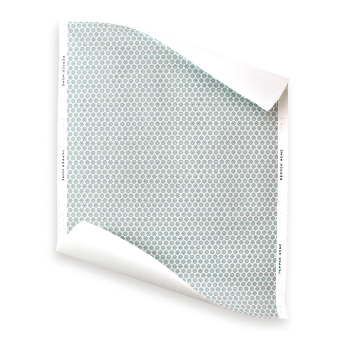 Stevie Sea blue geometric wallpaper sample with a honeycomb pattern, made to order in the USA with short lead times